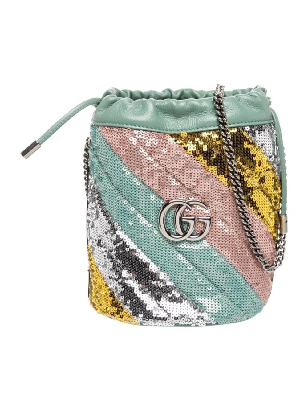 Gucci GG Marmont Multicolor Sequin Drawstring Chain Shoulder Bucket Bag